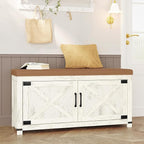 Shoe Storage Bench, 2 Tier Shoe Bench with Padded Seat Cushion & 2 Barn Doors, Entryway Bench with Adjustable Shelf, Farmhouse Shoe Cabinet for Living Room, Bedroom, Antique White SB26614KA
