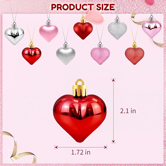36Pcs Valentines Heart Ornaments, Red Pink Silver Glitter Valentines Decorations Heart Shaped Baubles, Romantic Hanging Valentine Day Tree Ornaments Decorations for Home Office, 3 Styles