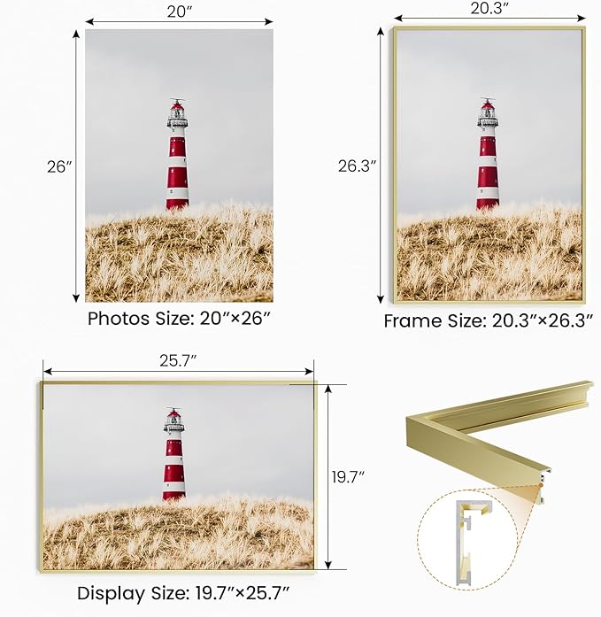 20x26 Aluminum Metal Picture Frame,Tempered Glass Gold Photo Frame 20x26 for Family Photo,Posters,Art,Document to Wall Mount Horizontally or Vertically