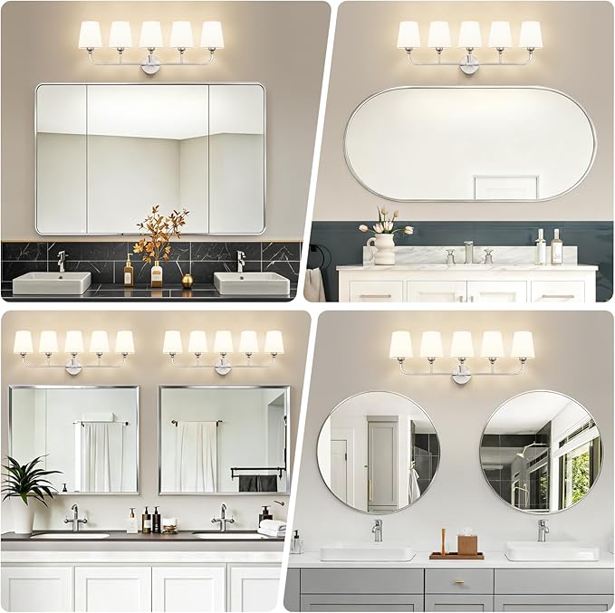 Kvhilw Bathroom Vanity Light, Brushed Nickel Bathroom Light Fixtures, 5-Light Lighting Fixtures Over Miror, Modern Wall Sconce with Flared White Fabric Shade, E26 Socket(ETL Listed)