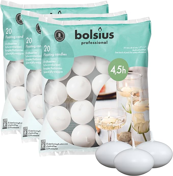 Bolsius Unscented Floating Candles – Set of 20 White Floating Candles – Cute and Elegant Burning Candles – Candles with Nice and Smooth Flame – Party Accessories (Three Pack)