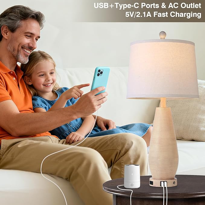 Farmhouse Table Lamps Set of 2 with USB C+A Ports and AC Outlet, 26.5" Cream Vintage Lamps for Bedroom Nightstand