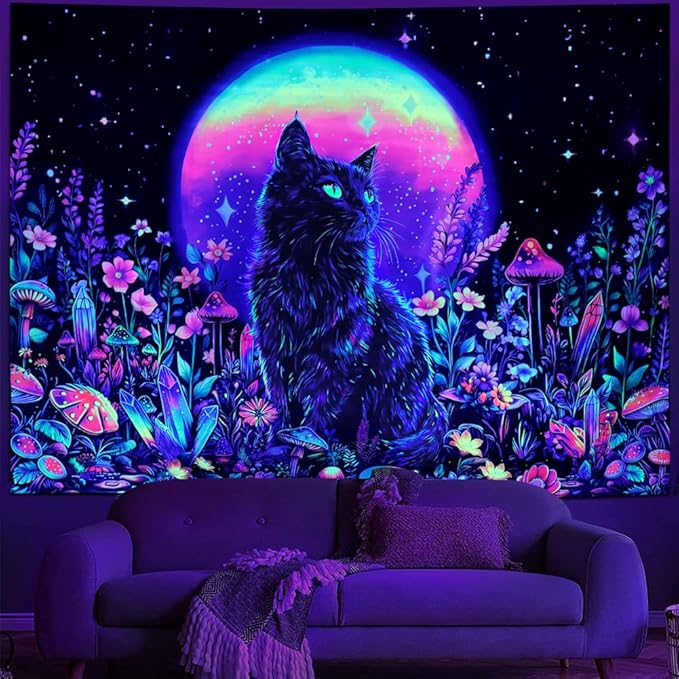 Dermijer Blacklight Black Cat Tapestry UV Reactive Moon Stars Floral Wall Hanging Tapestry Moonlit Garden Home Decor for Bedroom Living Room Dorm 59.1L x 51.2W