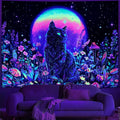 Dermijer Blacklight Black Cat Tapestry UV Reactive Moon Stars Floral Wall Hanging Tapestry Moonlit Garden Home Decor for Bedroom Living Room Dorm 78.7L x 59.1W