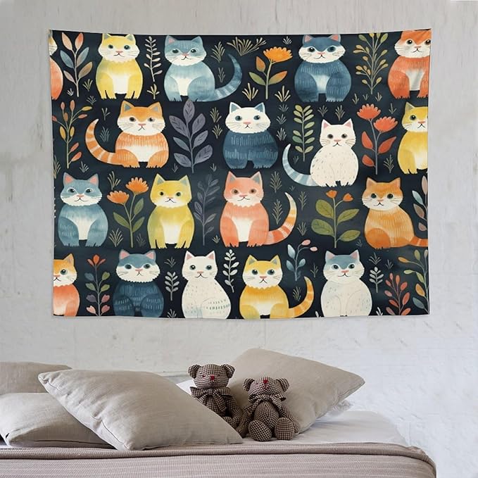 VUMIVI Cartoon Abstract Cat Tapestry Fun Cute Animals Plants Bohemian Modern Art Color Illustration Tapestry Wall Hanging for Living Room Bedroom Dorm Classroom Aesthetic Decor W80xL60in