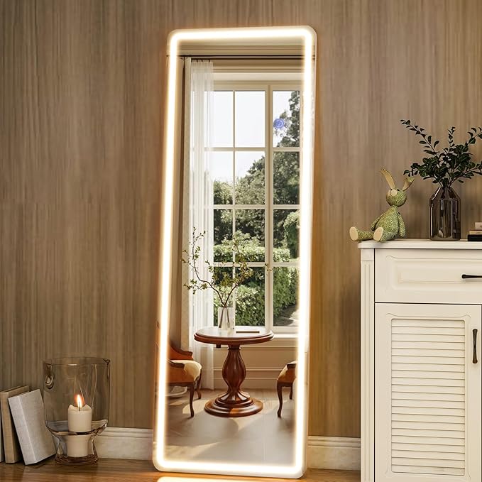 GLSLAND LED Full Length Mirror, 60"x16" Rectangle Floor Mirror with Stand, Wall Mounted Hanging Free Standing Full Body Mirror with Lights for Bedroom Living Room, White
