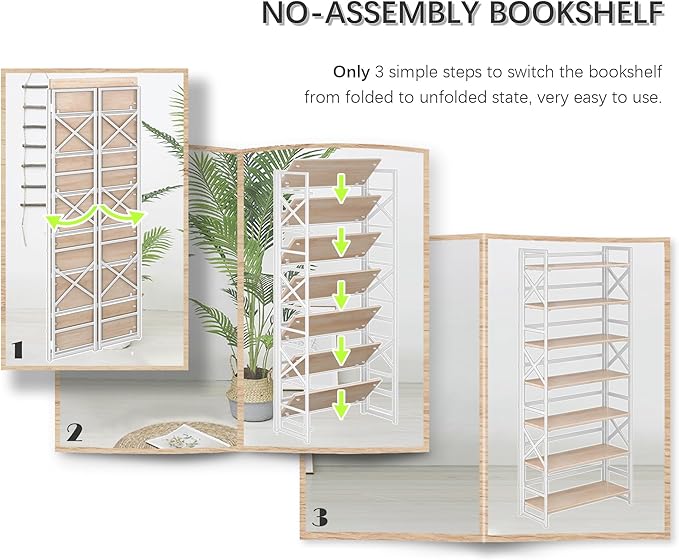 4NM 7 Tiers No Assembly Book Shelves, 72.4" H Folding Bookshelf Bookcase Open Industrial Foldable Shelves for Bedroom, Living Room, Home Office - Natural White