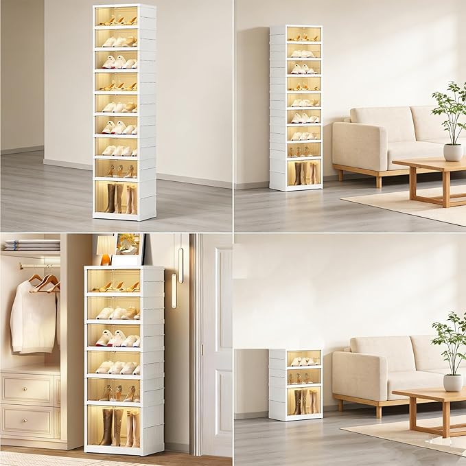 6Tier Foldable Shoe Rack Organizer for Closet,12Pairs Collapsible Plastic Shoe Shelf,Large Shoes Cabinet with Door,Clear Stackable Storage Box Easy Assembly,for Living Room (6Tier12Pairs Cream White)