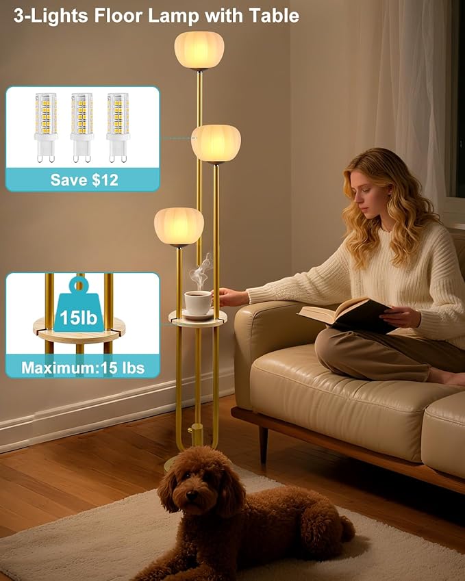 Lightdot Gold Floor Lamp with Table, Modern Dimmable Floor Lamps with Pumpkin Lampshade, 3000K Warm White Bulbs Included, 3-Light Tall Standing Lamp for Living Room/Bedroom/Sofa Beside/Corner Decor