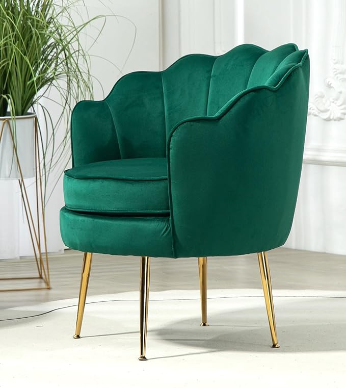 Velvet Barrel Accent Chair with Scalloped Silhouette and Gold Metal Legs, Decorative Piece Suitable for Traditional, Modern, and Contemporary Spaces, Green