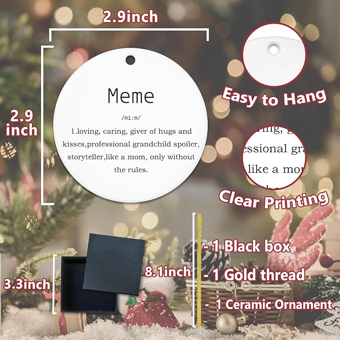 Meme Gifts Ornaments, Mother's Day Birthday Gifts for Grandma from Grandkids Grandchildren Ceramic Ornament Keepsake, Meme Definition Hanging Ornaments for Christmas Tree Decoration