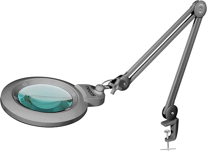Neatfi XL Bifocal LED Magnifying Lamp – 7-Inch Acrylic Lens, 2.25x & 6X Magnification, 1,600 Lumens, Dimmable LED, Adjustable Arm, Hands-Free Close Work (Silver, with Clamp)