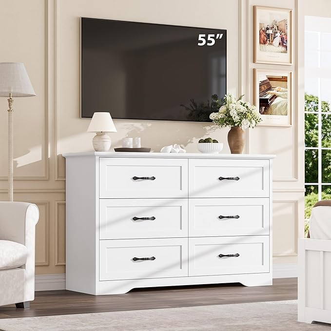 GAOMON Farmhouse 6 Double Drawers Dresser for Bedroom, 47.2'' Wide Chest of Drawer, Wooden Horizontal Dresser with Metal Handles and Stable Base, Modern Cabinet for Bedroom, Living Room, White