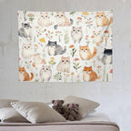 VUMIVI Cute Cat Tapestry Cartoon Pets Flowers Mushrooms Butterflies Watercolor Illustrations Tapestry Wall Hanging for Living Room Bedroom Dorm Classroom Aesthetic Decor W40xL30in