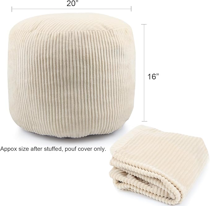 Sexysamba Round Corduroy Pouf Cover Only, 20"x 16" Unstuffed Decorative Ottoman Foot Stool Rest, Washable Storage Bean Bag Chair Floor Pouf Covers for Living Room Bedroom, Beige