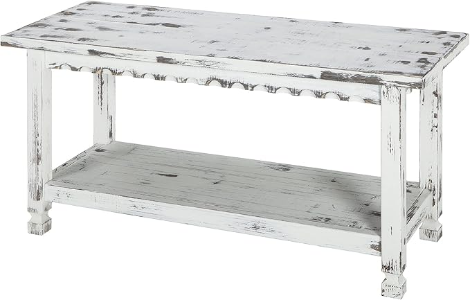 Country Cottage 36-Inch Farmhouse Entryway Bench with Storage Shelf – Solid Pine Wood Bench in Distressed White for Hallway, Bedroom, or Mudroom by Alaterre Furniture