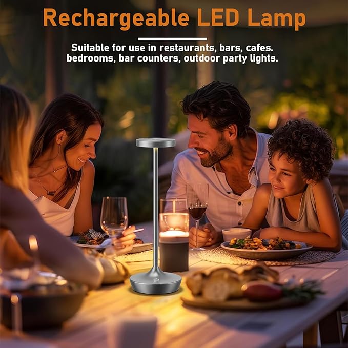LED Cordless Table Lamp Rechargeable，Outdoor Battery Operated Desk Lamp Touch 3 Color Dimming Portable Waterproof Night Light for Patio/Restaurant/Dining/Home（Chrome
