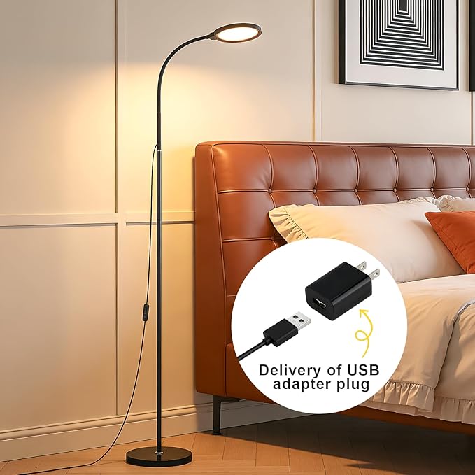 Modern Black Bright Eye Protection Floor Lamp, 62.6“ Adjustable Gooseneck Standing Lamp with Dimmer & Color Temperature, Tall LED Corner Lamp for Living Room, Bedroom Office Reading, Tattoo Light