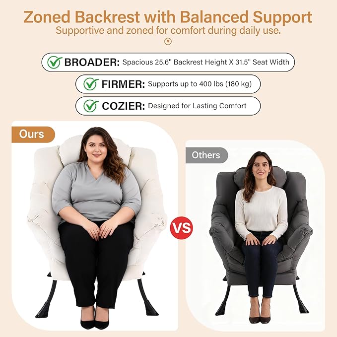 Lazy Chair with Ottoman, Modern Accent Chair with Lumbar Pillow, Velvet Beige Sofa, Lounge Chairs with Folding Footrest, Oversized Supportive Chairs for Bedroom, Reading