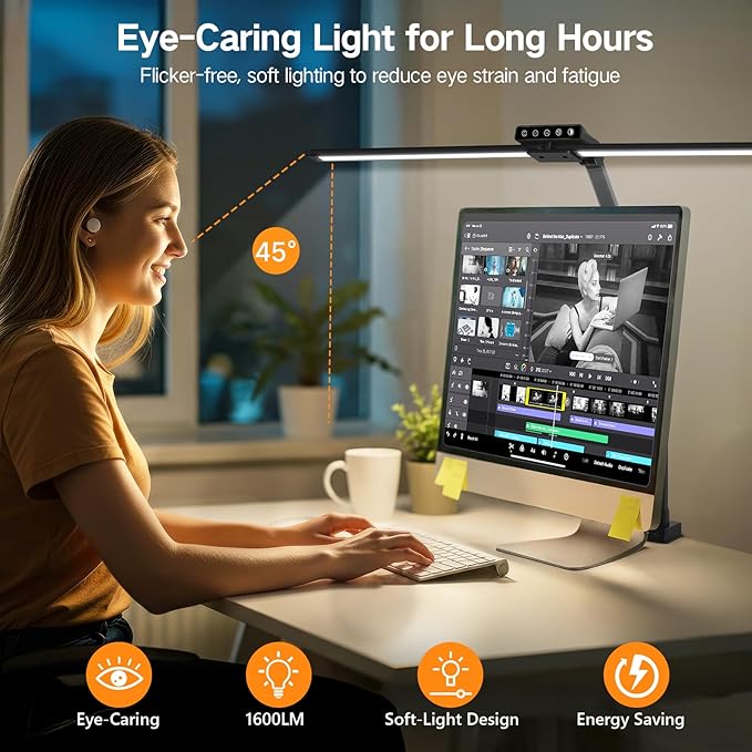 OUTON 29.5" Led Desk Lamp for Office Home, USB-A & USB-C Ports, Touch & Remote Control, 5 Color Temperatures, Stepless Dimming, Timer & Memory Function, 24W Eye-Care Monitor Light for Study Drafting