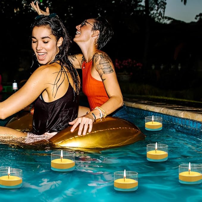 Floating Candles 3 Inch Unscented Dripless Wax 13-15Hours Burning, 12/24/36Pack Wedding Party Candles,for Centerpieces Suitable for Cylindrical Vases,Swimming Pool,Restaurant Decoration(12Pack,Gold)