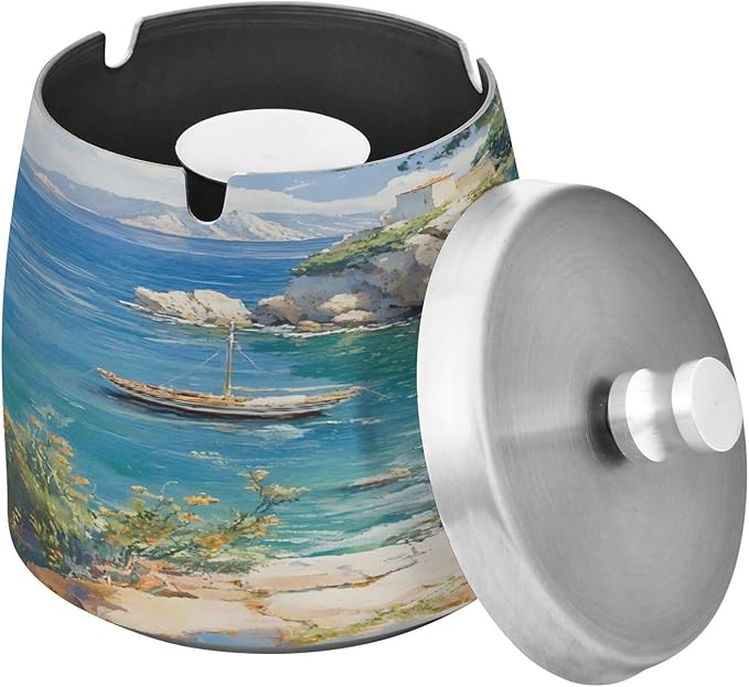 Seaside House Painting Ashtray with Lid, Outdoor Ashtrays for Patio, Stainless Steel Ashtray Odorless Smokeless for Home Office Balcony