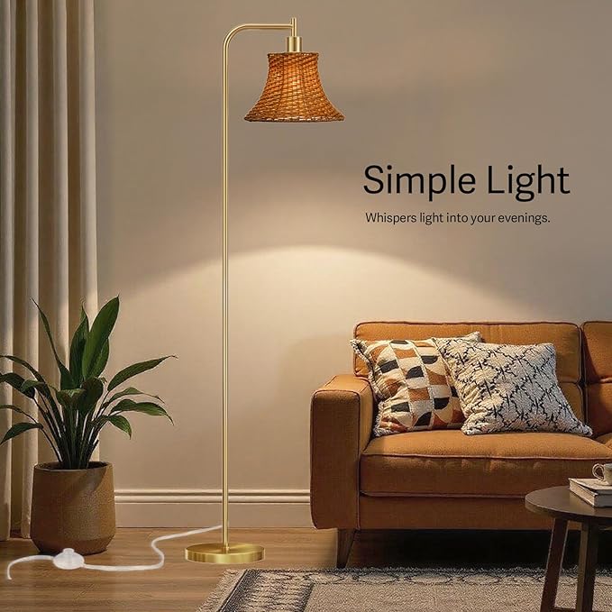67" Modern Vintage Floor Lamp with Rattan Lampshade - Ideal for Living Room, Bedroom & Office - Heavy Base, Pedal Switch, Stable & Convenient Lighting Solution(Include E26 Bulb)
