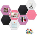 8 Packs Hexagon Felt Pin Board, 12" Bulletin Board with 30 Push Pins, Felt Board for Home Kitchen Office Decor, Self-Adhesive Corkboard Tiles for Walls School Message Photos Memos-Black White Pink
