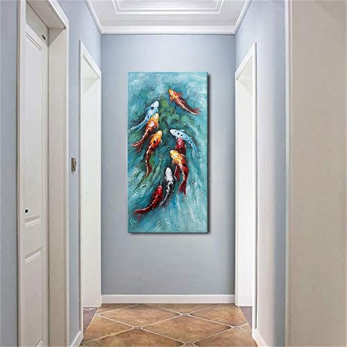 zoinart Oil Painting on Canvas Vertical Wall Art 24x48 Inches 3D Nine Fishes Modern Style Abstract Wall Paintings Hand-Painted Fish Artwork Home Decorations Ready to Hang