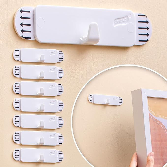 TAILI Picture Hangers 8 Pack, Adhesive Picture Hanging Hooks Without Nails, No Damage Sawtooth Hangers, Art Hanger Hooks for Bathroom Kitchen Home Door Closet, Inclue 2 Extra Strips