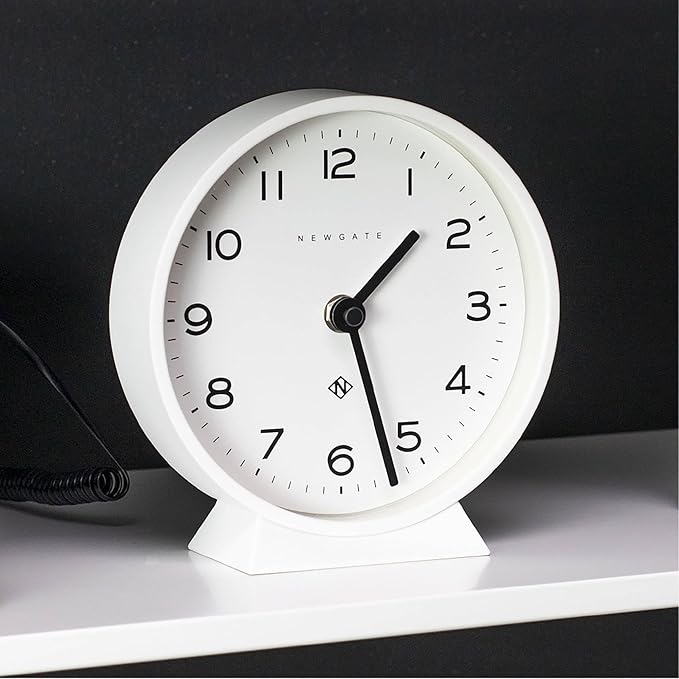 NEWGATE® M Mantel Echo Desk Clock | Modern Round Design | White | Easy to Read Numbers | Contemporary Style for Desk, Table, Shelf or Bedside