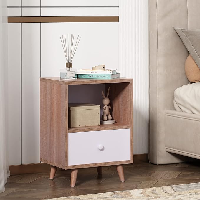 JAXPETY Set of 2 Modern Wood Nightstand, Bedside Table with Drawer, Bedside Furniture, Night Stand, End Table with Open Shelf and Solid Wood Legs for Home Bedroom, Brown