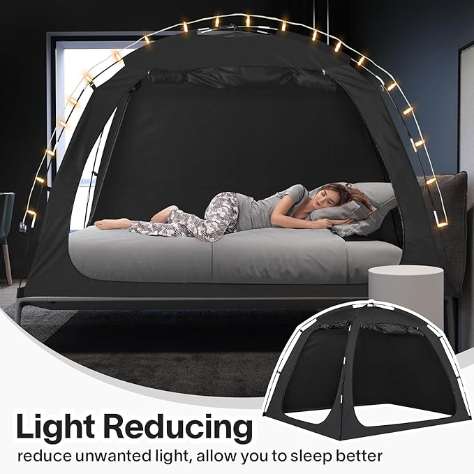 EighteenTek Bed Canopy with Lights, Sleeping Dream Full Bed Tent, Portable Cottage Drafty Room Blackout Breathable Privacy Big Indoor Tents for Girls & Boys Bedroom Decor, Black