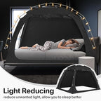 EighteenTek Bed Canopy with Lights, Sleeping Dream Full Bed Tent, Portable Cottage Drafty Room Blackout Breathable Privacy Big Indoor Tents for Girls & Boys Bedroom Decor, Black