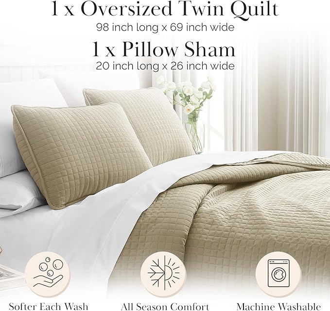 Southshore Fine Living, Inc. Twin Quilt Bedding Set, Soft Brushed Microfiber Taupe Quilts, Twin/XL Coverlet Bedspread, Wrinkle & Pet Hair Resistant Bedding with 1 Pillow Sham, Taupe