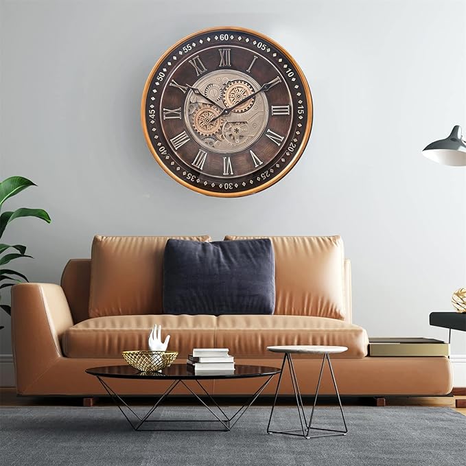CLXEAST 24 Inch Wall Clock with Moving Gears,Oversized Large Industrial Steampunk Clock, Antique Gold Metal Roman Numeral Wall Clocks for Farmhouse Living Room Decor,Valentines Day Gifts