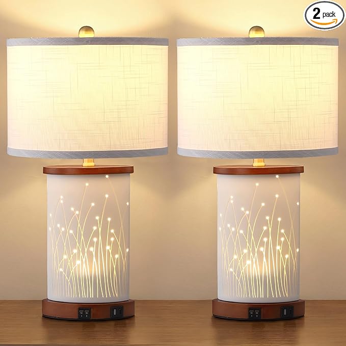 Set of 2 Ceramic Table Lamps with 3 Color Temperatures, Nightstand Table Lamps with AC Outlet, USB A & C Charging Port, Bedside Lamps for Living Room, Bedroom, Office Reading, Walnut