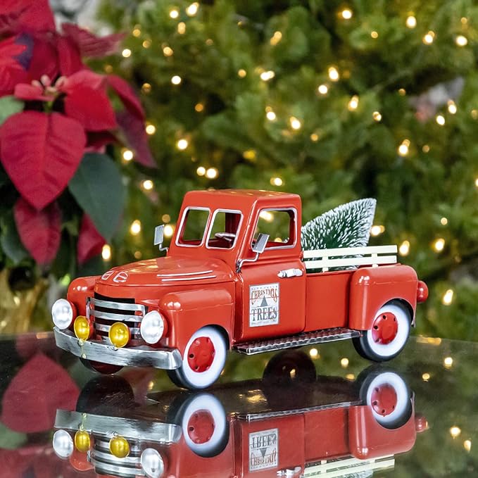 Zaer Ltd. Red Metal Christmas Pickup Truck Decoration (Small 12" Long)