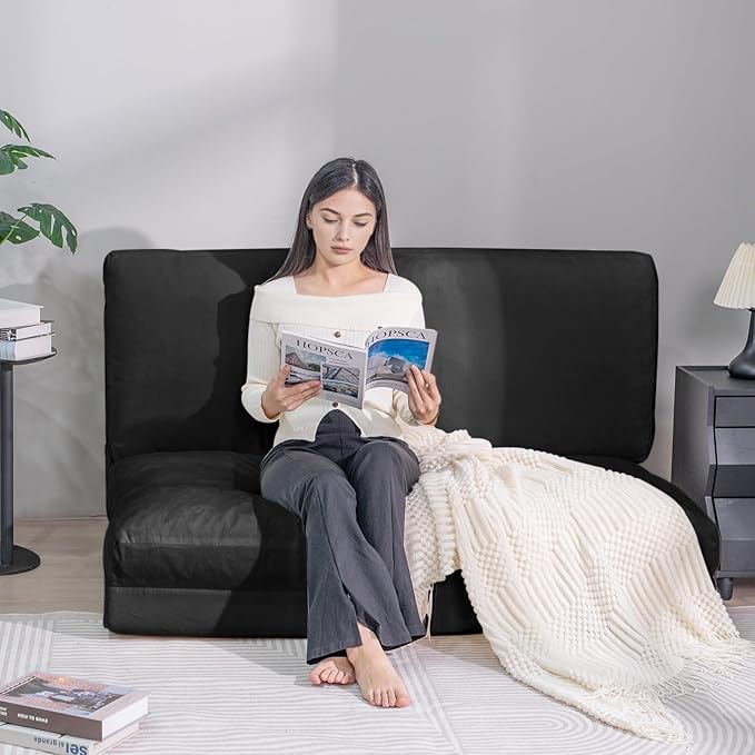 Bean Bag Chairs for Adults,Folding Sofa Bed,Floor Couch Bed, Foam Filling Fold Floor Mattress with Washable Soft Faux Fur Cover, Leisure Floor Couch for Bedroom Living Room(Black, Double)