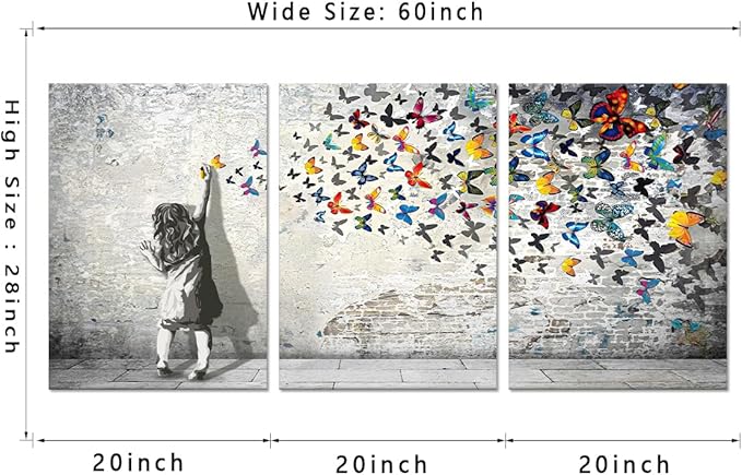 Novatique Graffiti Canvas Wall Art Banksy Wall Art Street Style Artwork Colorful Girl Butterfly Graffiti Decor Pop Pictures Painting for Living Room Office Wall Decor,20x28inchx3pcs