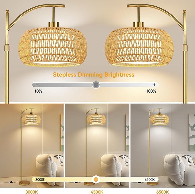 Gold Floor Lamps for Living Room Rattan Boho Floor Lamp with Remote Control & 3 Color Temperature,Dimmable Arc Floor Lamps Brass Standing Lamp Tall Floor Lamp for Bedroom Living Room Corner