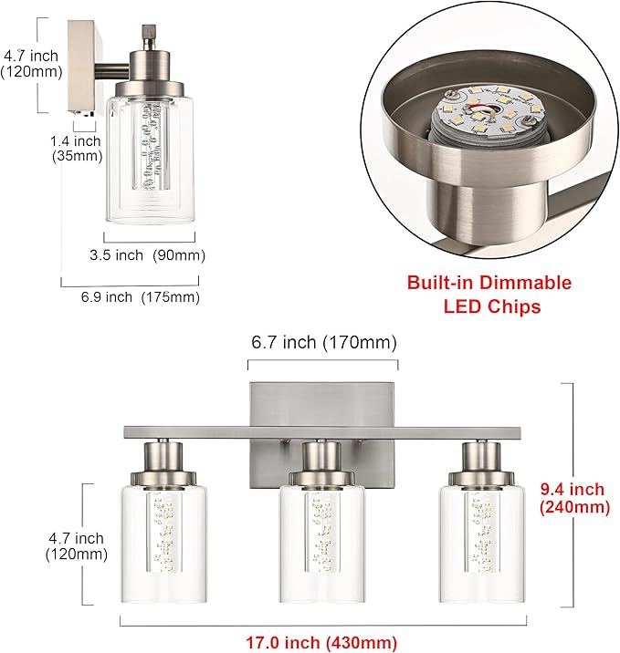 MELUCEE 3 Light LED Bathroom Light Fixtures 3000K-6000K Dimmable Vanity Lights Bathroom Lights Over Mirror Brushed Nickel Wall Light Fixture with Crystal Bubble Clear Glass Shade, Built-in LED Chips