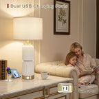 27" Faux Stone Boho Table Lamps Set of 2, Modern Lamps for Living Room with USB A+C Ports, Rustic Nightstand Table Lamps with Linen Shade for Bedroom, Living Room, Office (Bulb Included)