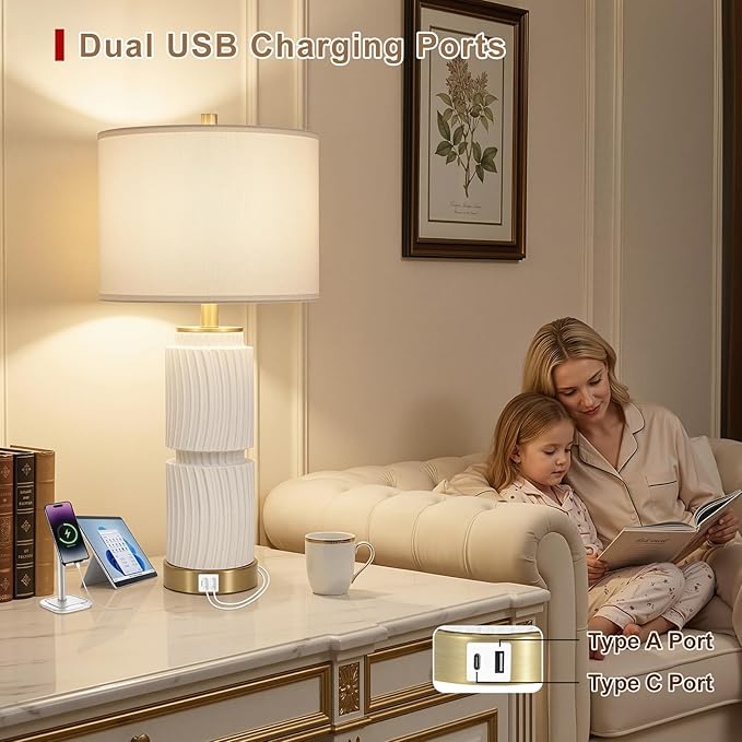 27" Faux Stone Boho Table Lamps Set of 2, Modern Lamps for Living Room with USB A+C Ports, Rustic Nightstand Table Lamps with Linen Shade for Bedroom, Living Room, Office (Bulb Included)