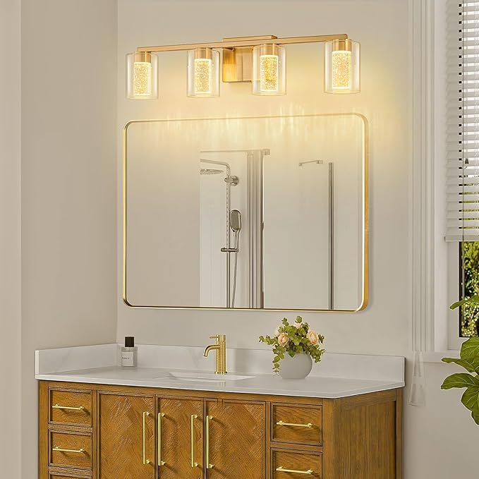 SineRise 4-Light Gold Vanity Light with 3 Color Modes (3000K/4000K/6000K), Eye Protection LED Bathroom Light Fixture, Dimmable Modern Wall Light Over Mirror with Clear Glass Shade