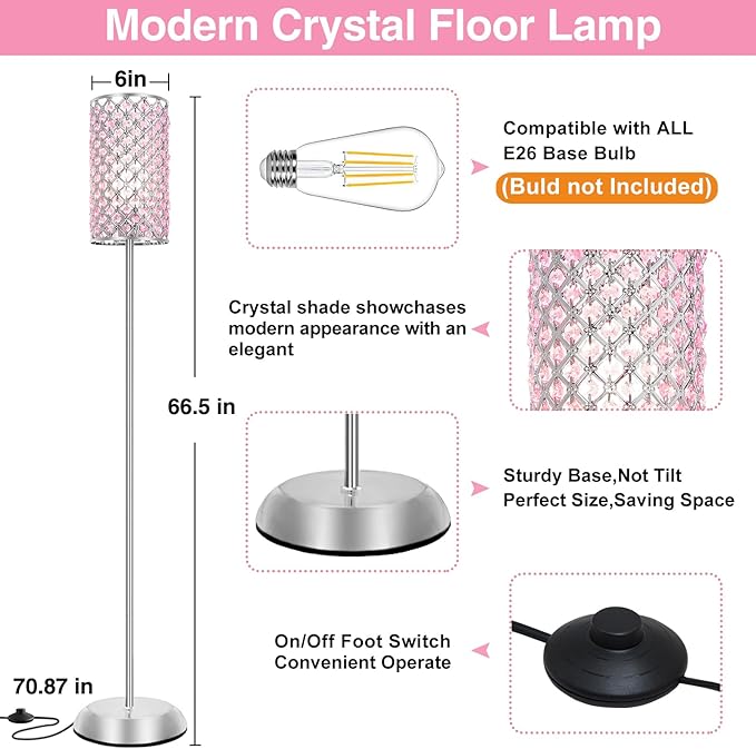 GyroVu Crystal Floor Lamp for Bedroom, Living Room Pink Floor Lamps Modern Tall Lamp with On/Off Foot Switch Glam Standing Light for Girls Bedroom Minimalism Pole Corner Lamp for Office Dorm Hotel