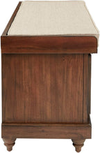 OSP Home Furnishings Dover Coastal Lift-Top Storage Bench with Shutter Face Styling, Distressed Brown Finish with Beige Linen Fabric Cushion
