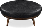 POLY & BARK Gio Ottoman – 30” Round with Feather-Down Topper – Full-Grain Leather Upholstery – Couch Ottoman for Living Room – Italian Leather in Onyx Black