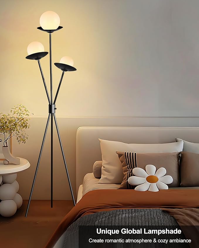 3 Globe Dimmable Tripod Floor Lamp, Mid Century Floor Lamps with 3Pcs 3000K Bulbs Included, Modern Standing Tall Lamp for Living Room Bedroom Office-Black