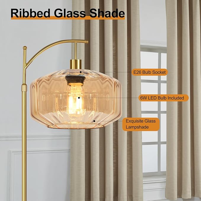 Gold Floor Lamps for Living Room Vintage Floor Lamp with Remote Control,Dimmable Floor Lamp Glass Mid Century Modern Standing Lamp 3 Color Temperature Brass Tall Floor Lamps for Bedroom Corner